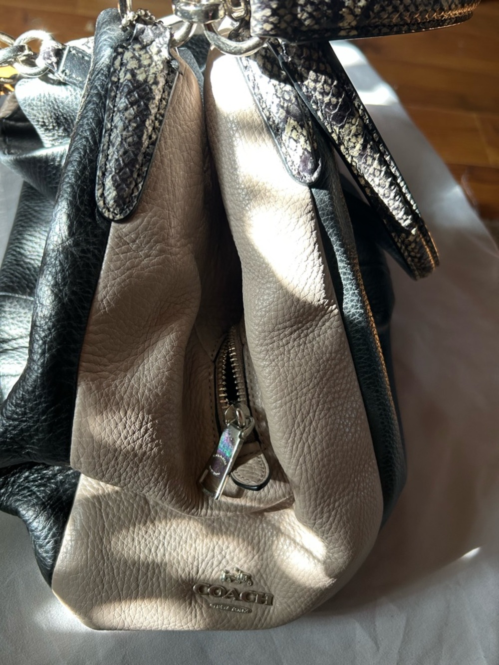 Coach Two-Tone Taupe and Black Pebbled Leather Shoulder Bag